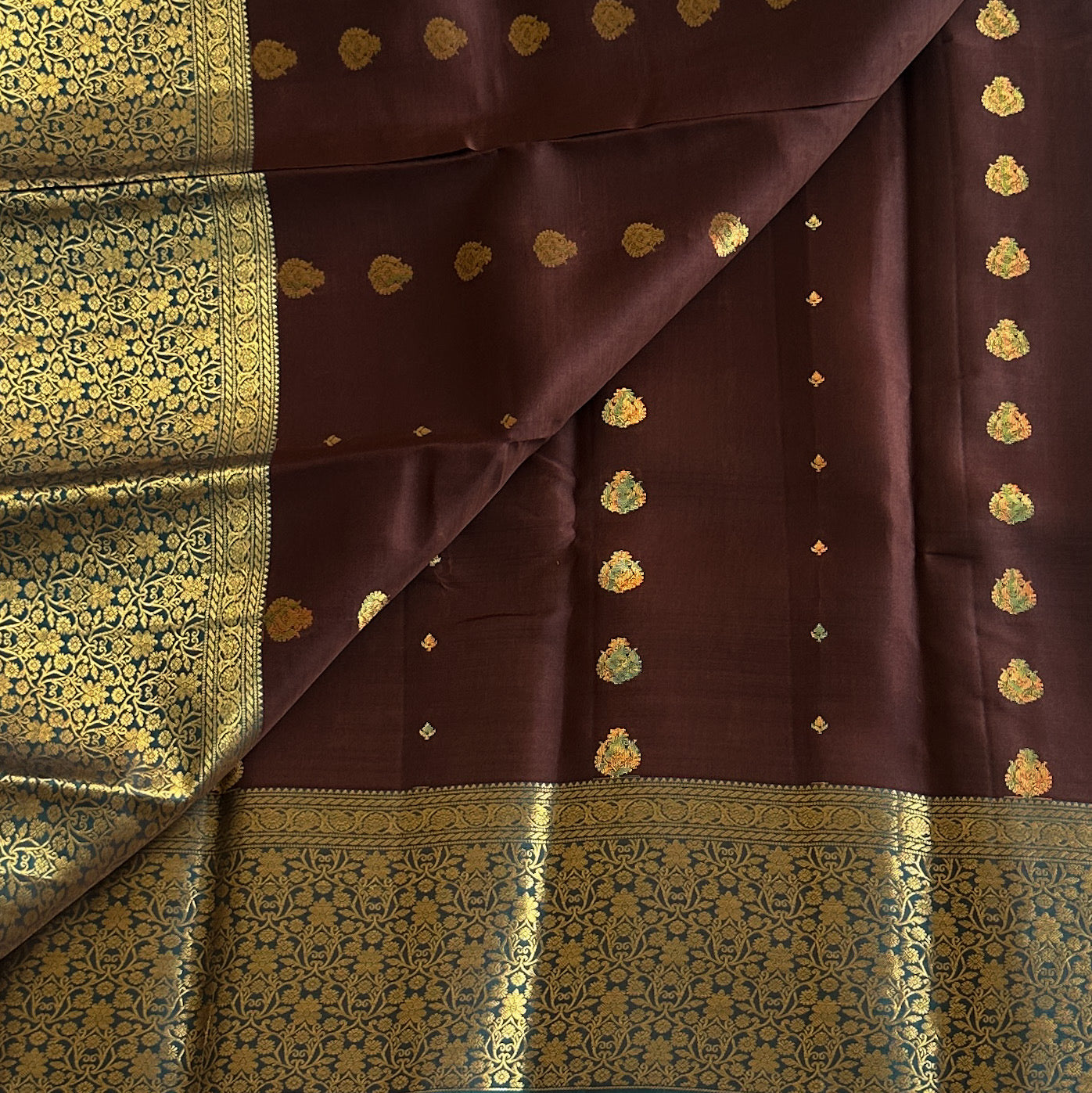 Peacock Teal Silk Brocade Saree Maroon Buta Wedding Attire Premium