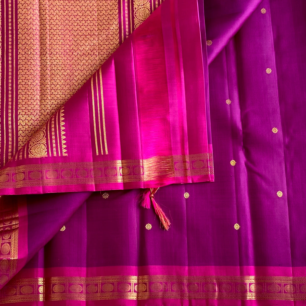 Deep Magenta With Rani Pink Kanjeevaram Pure Zari Silk Saree With Gold Border