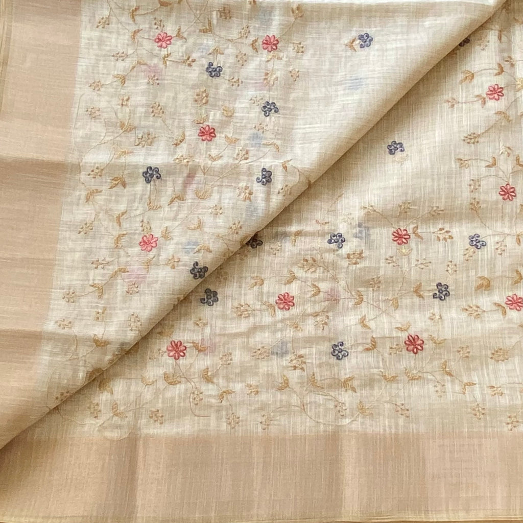 Cream Floral Embroidered Silk Saree with Gold Zari and Border