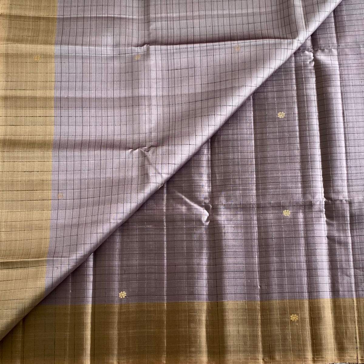Smoky Greyish Lavender Designer Pure Silk Saree With Antique Gold Pallu