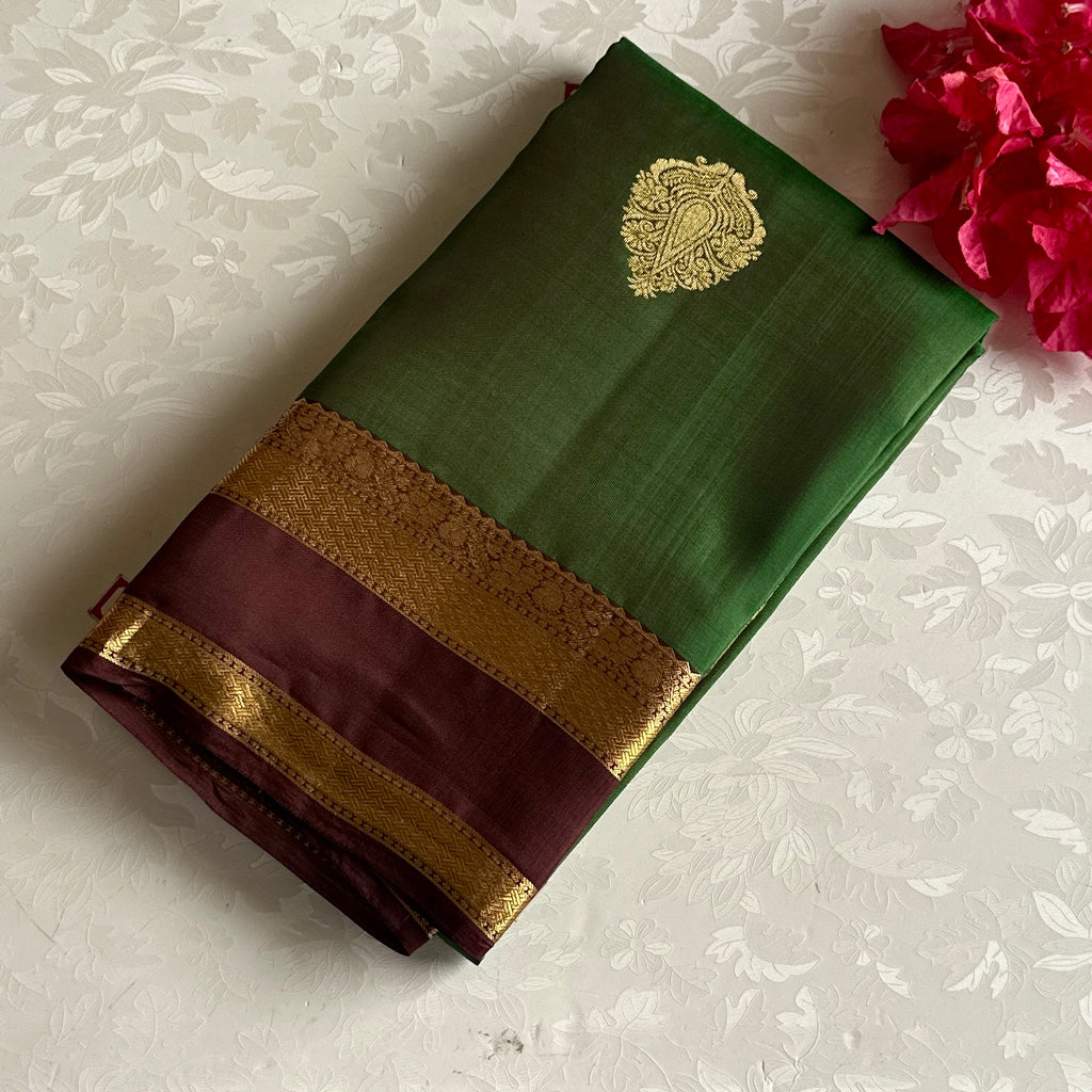 Emerald Green Designer Pure Silk Maroon Border Brocade Zari Saree
