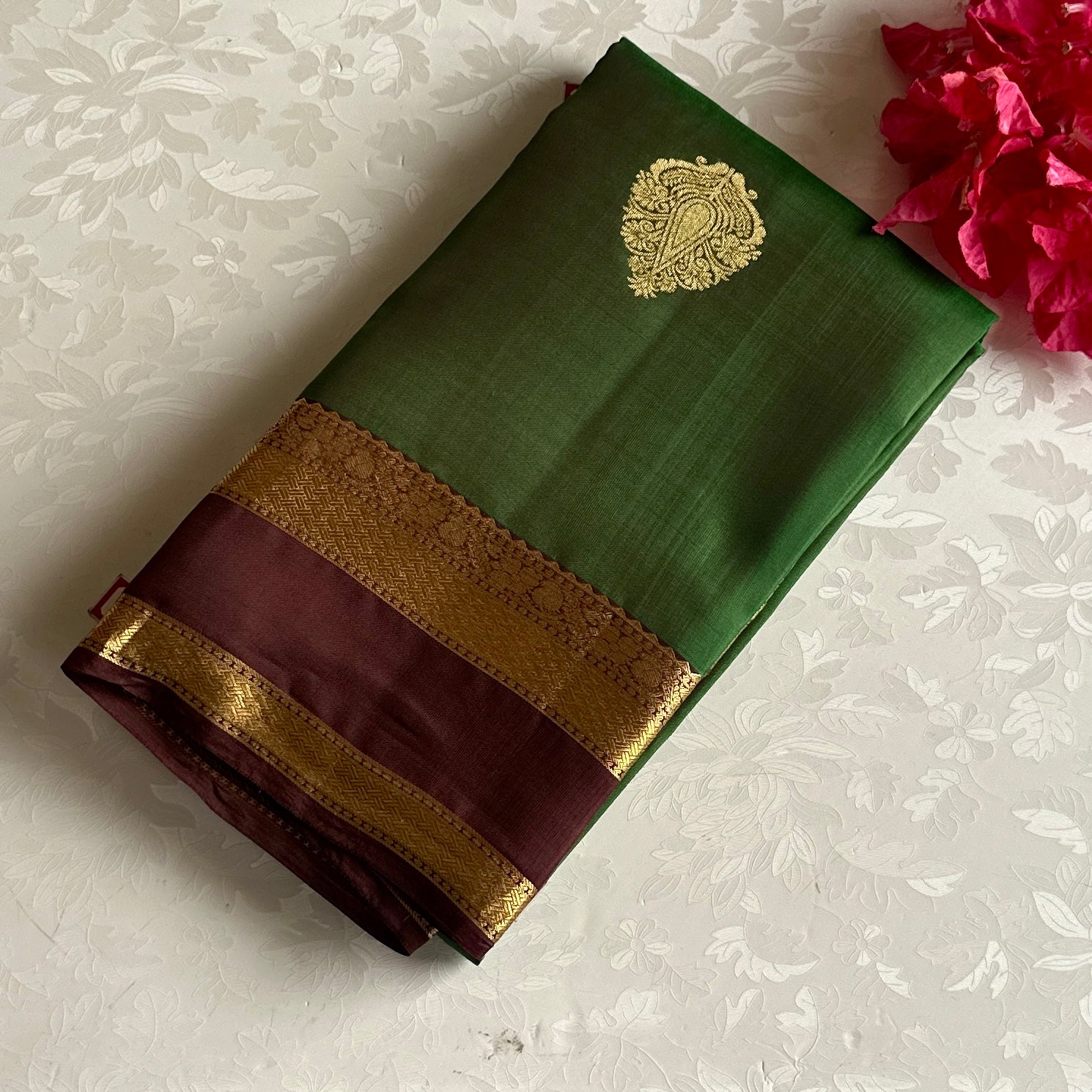 Emerald Green Designer Pure Silk Maroon Border Brocade Zari Saree