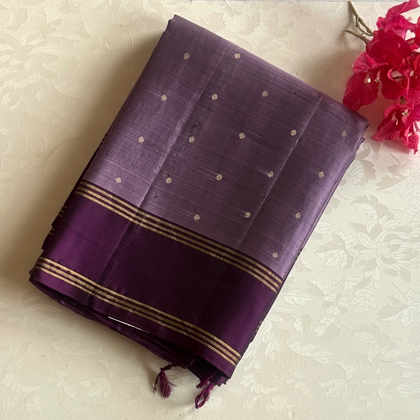 Deep Violet Silk Saree Antique Gold Diamond Pallu Gold Border