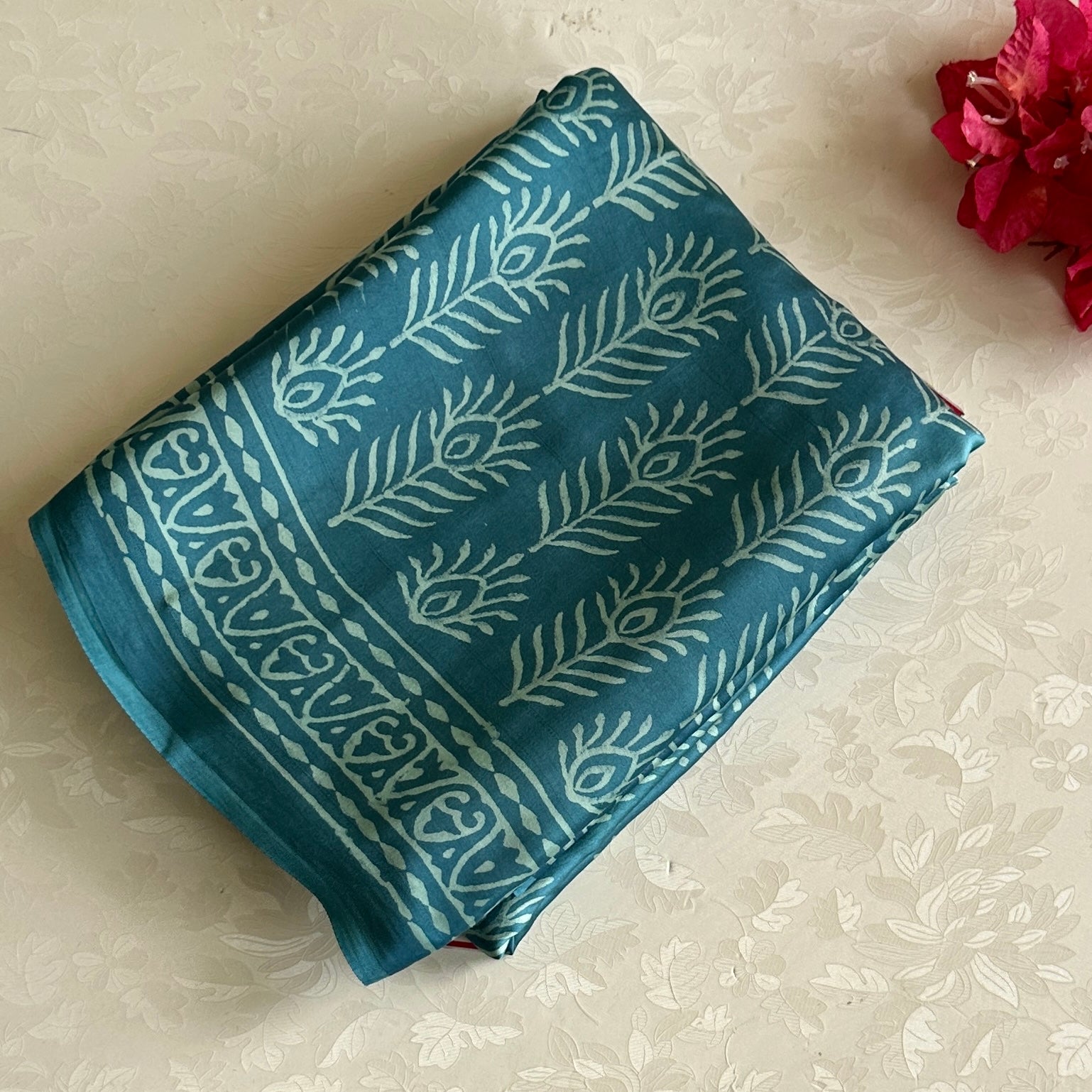 Dreamy Blue Ajrakh Handblock Printed Silk Saree Feather buttas