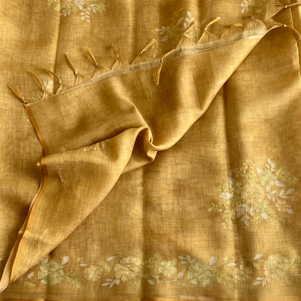 Mustard Gold Floral Embroidered Saree with Tassel Border Elegant Lightweight