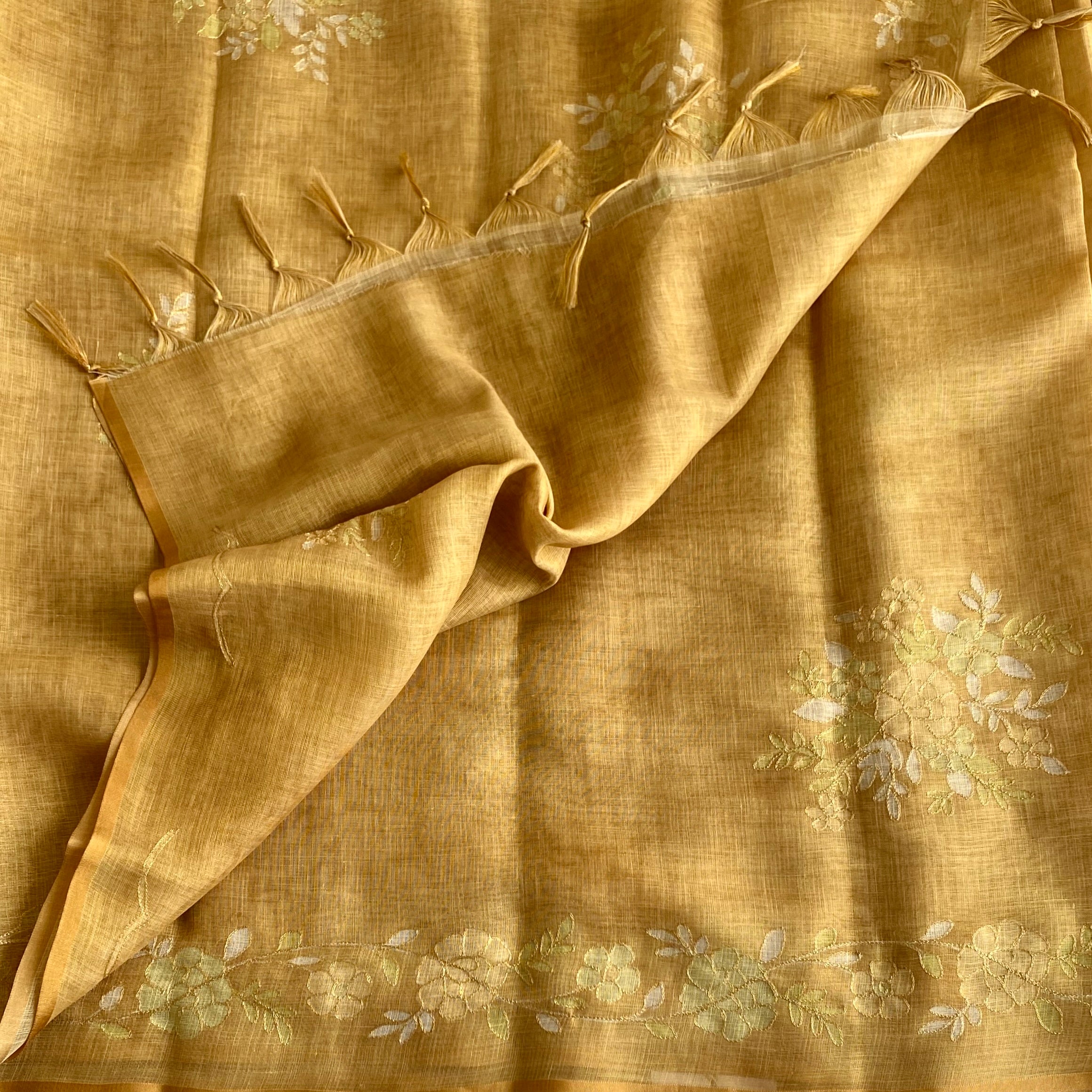 Mustard Gold Floral Embroidered Saree with Tassel Border Elegant Lightweight