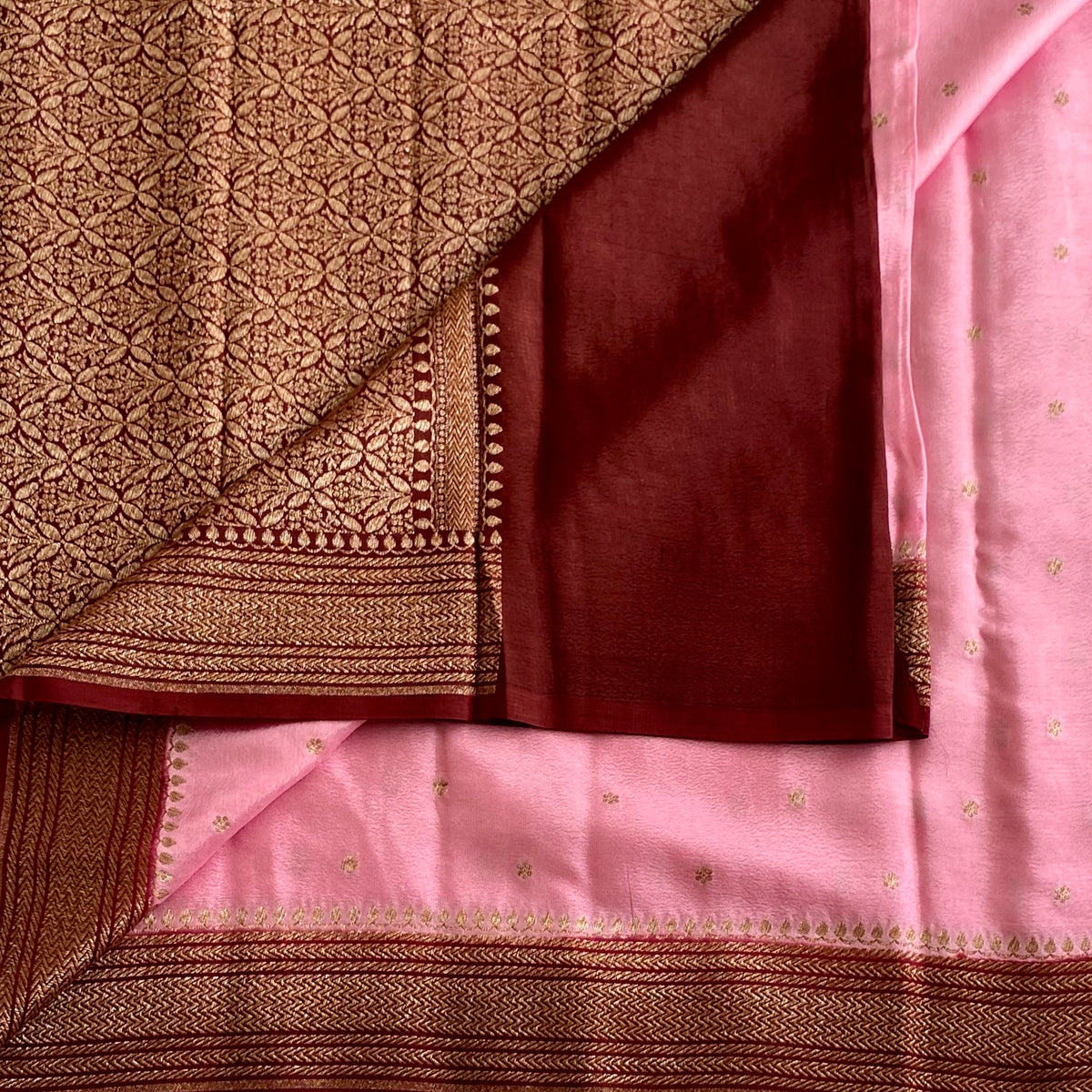 Soft Pink Banarasi Crepe Silk Saree With Burgundy Wine Pallu