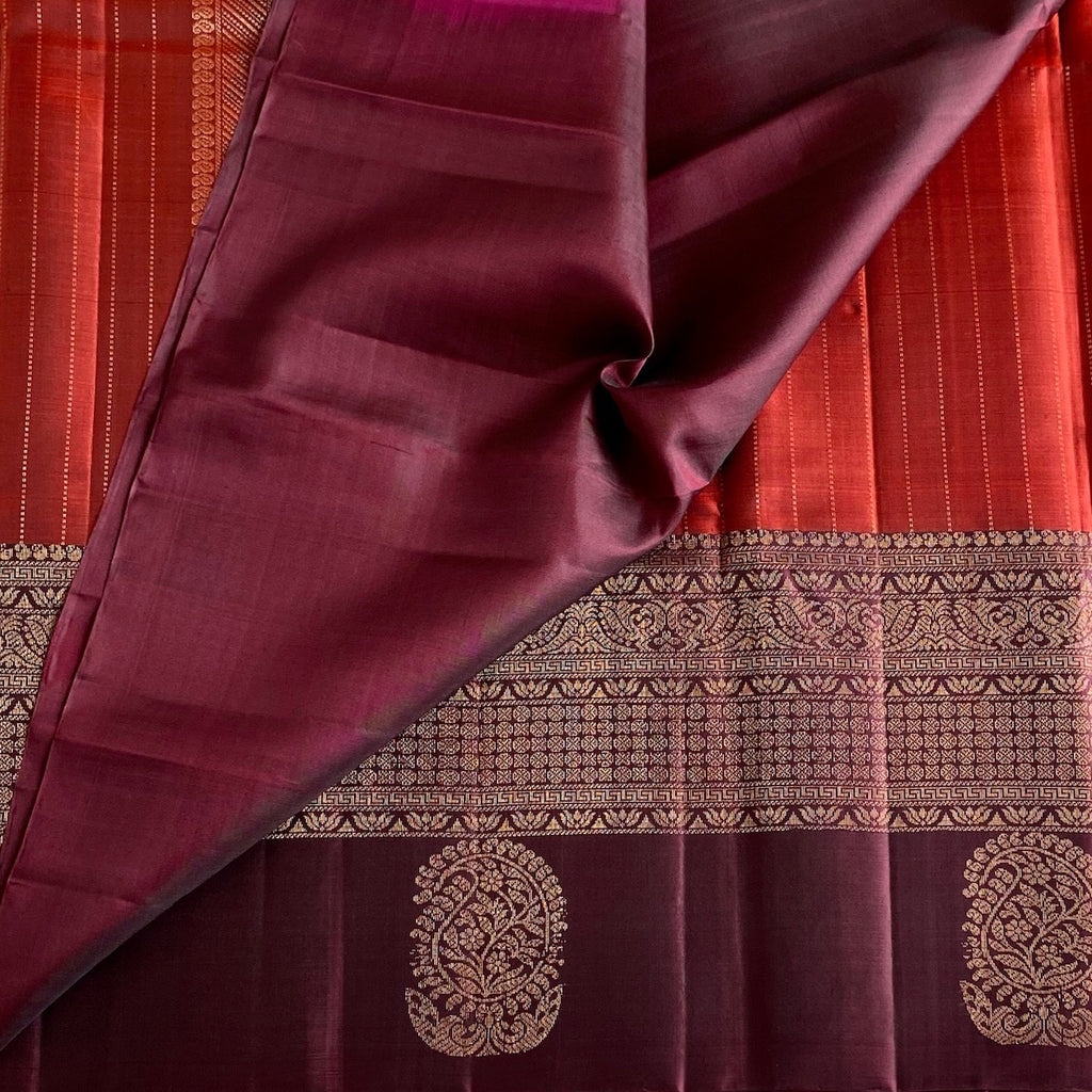 Deep Maroon And Bright Orange Designer Pure Silk Saree With Zari
