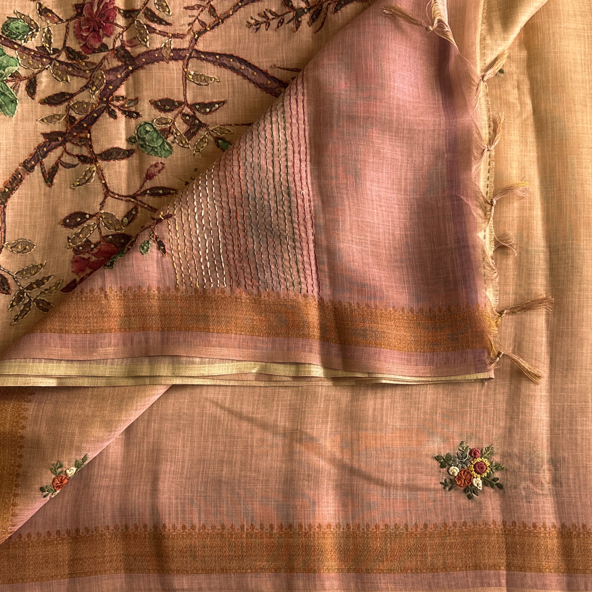 Blush Peach Floral Embroidered Saree with Antique Gold Woven Border