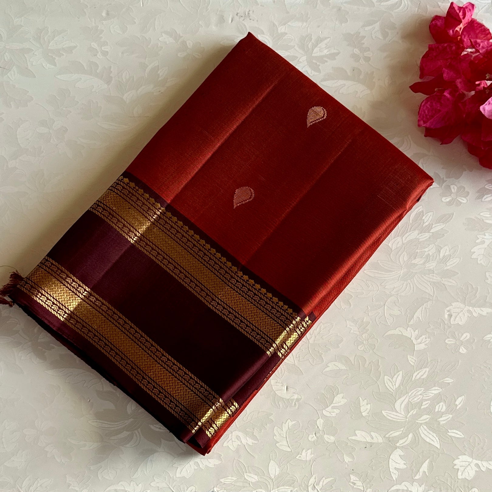 Burnt Orange Designer Pure Silk Stunner With Deep Maroon Pallu
