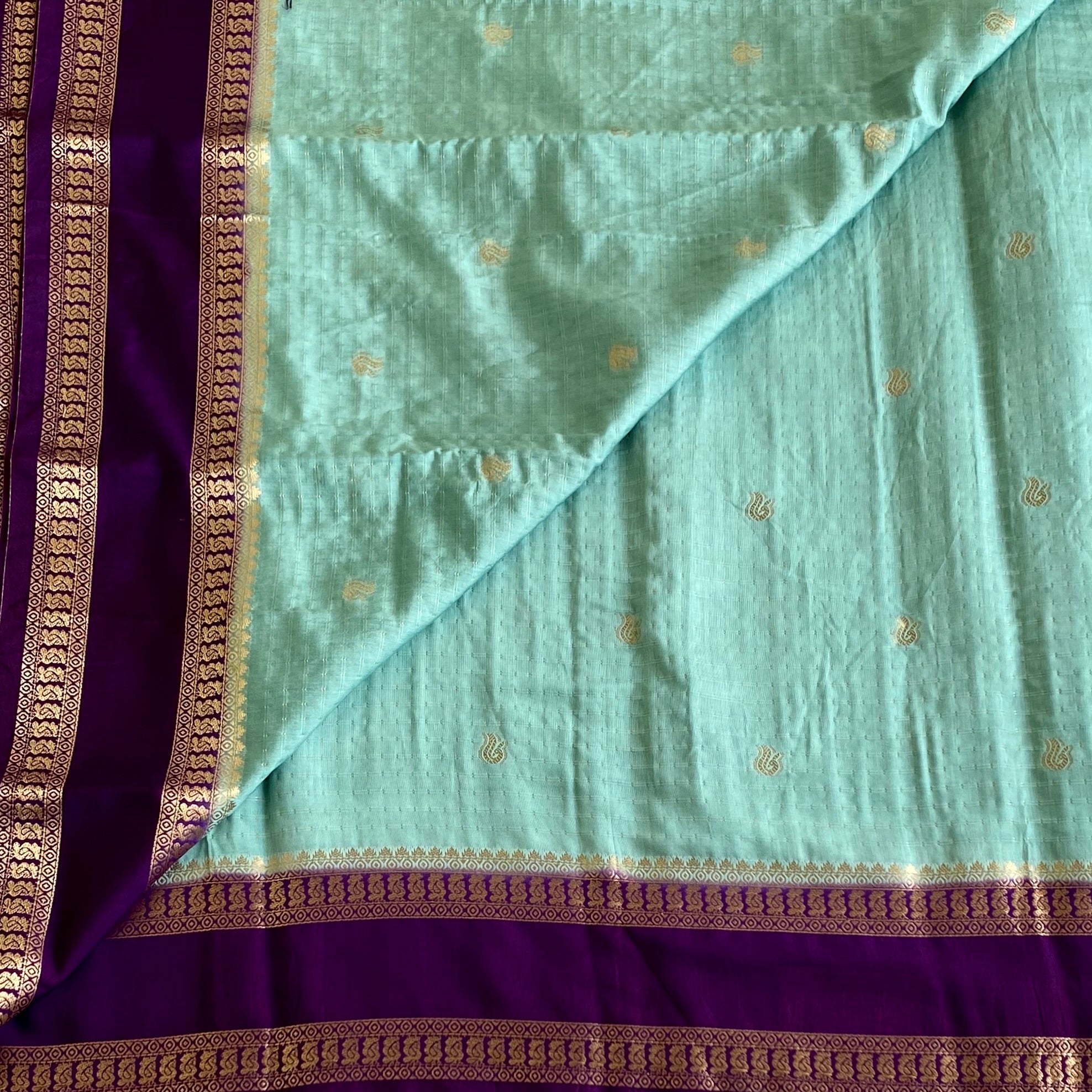 Sea Blue Soft Tussar Silk Saree With Royal Purple Pallu