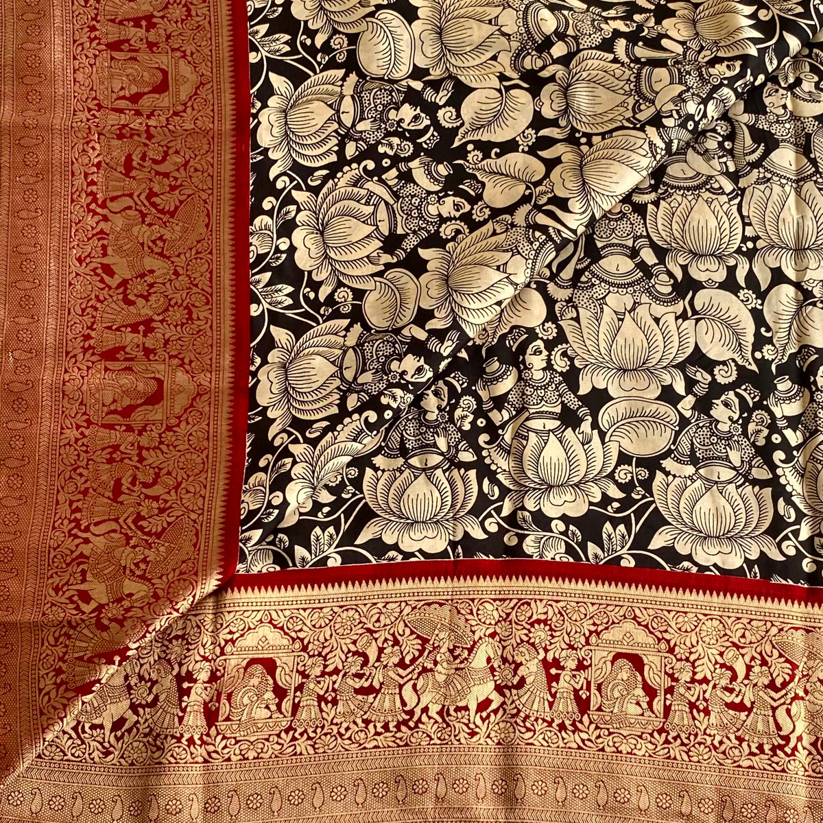 Jet Black Premium Kalamkari Soft Tussar Silk Saree With Antique Gold Deep Maroon Pallu