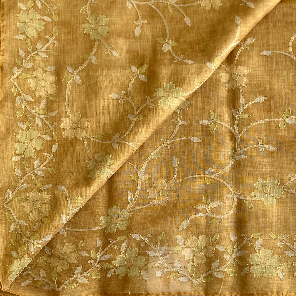 Mustard Yellow Floral Embroidered Saree with Tassel Border Elegant Traditional