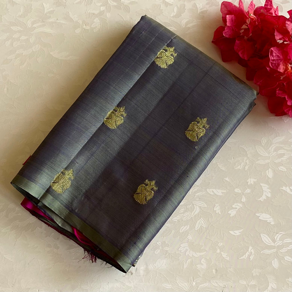 Dual shaded Slate Grey Pure Silk with Rich Magenta Zari Woven Pallu