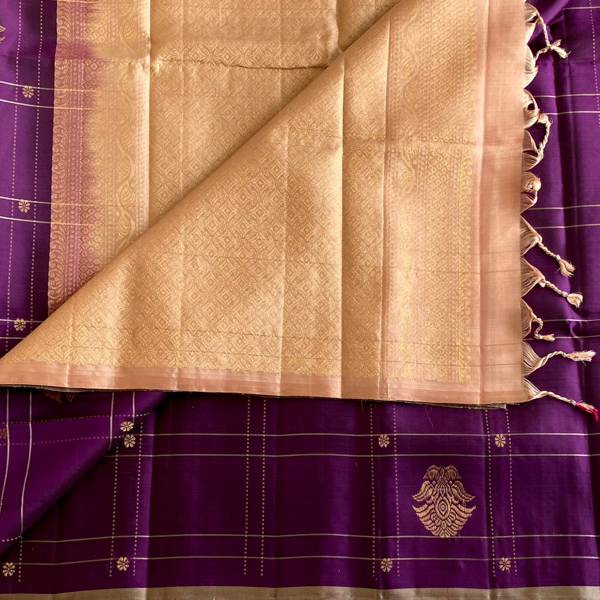 Deep Purple Designer Pure Silk Saree With Peach Pallu And Zari