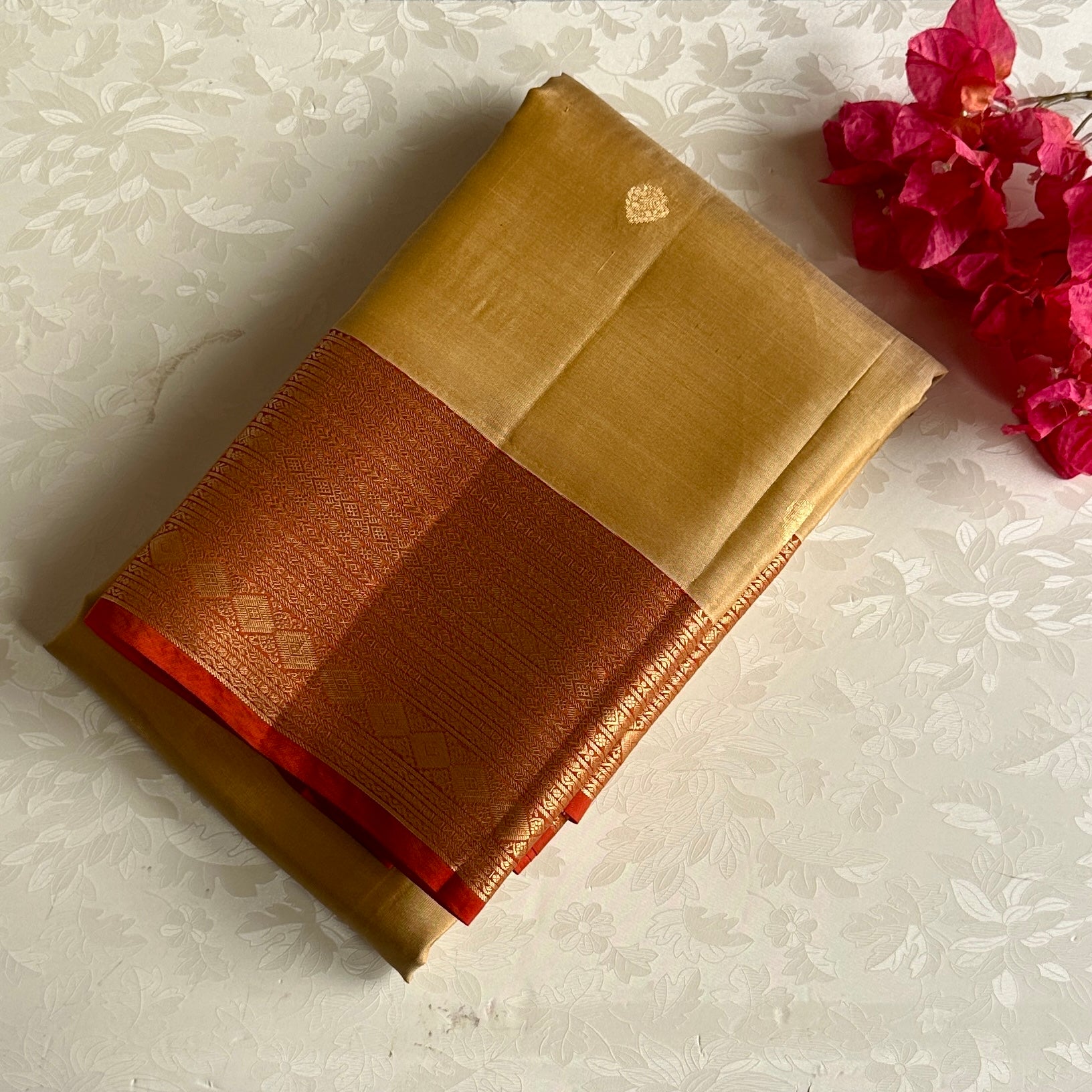 Deep Beige-Gold Designer Pure Silk Saree With Crimson Red Pallu