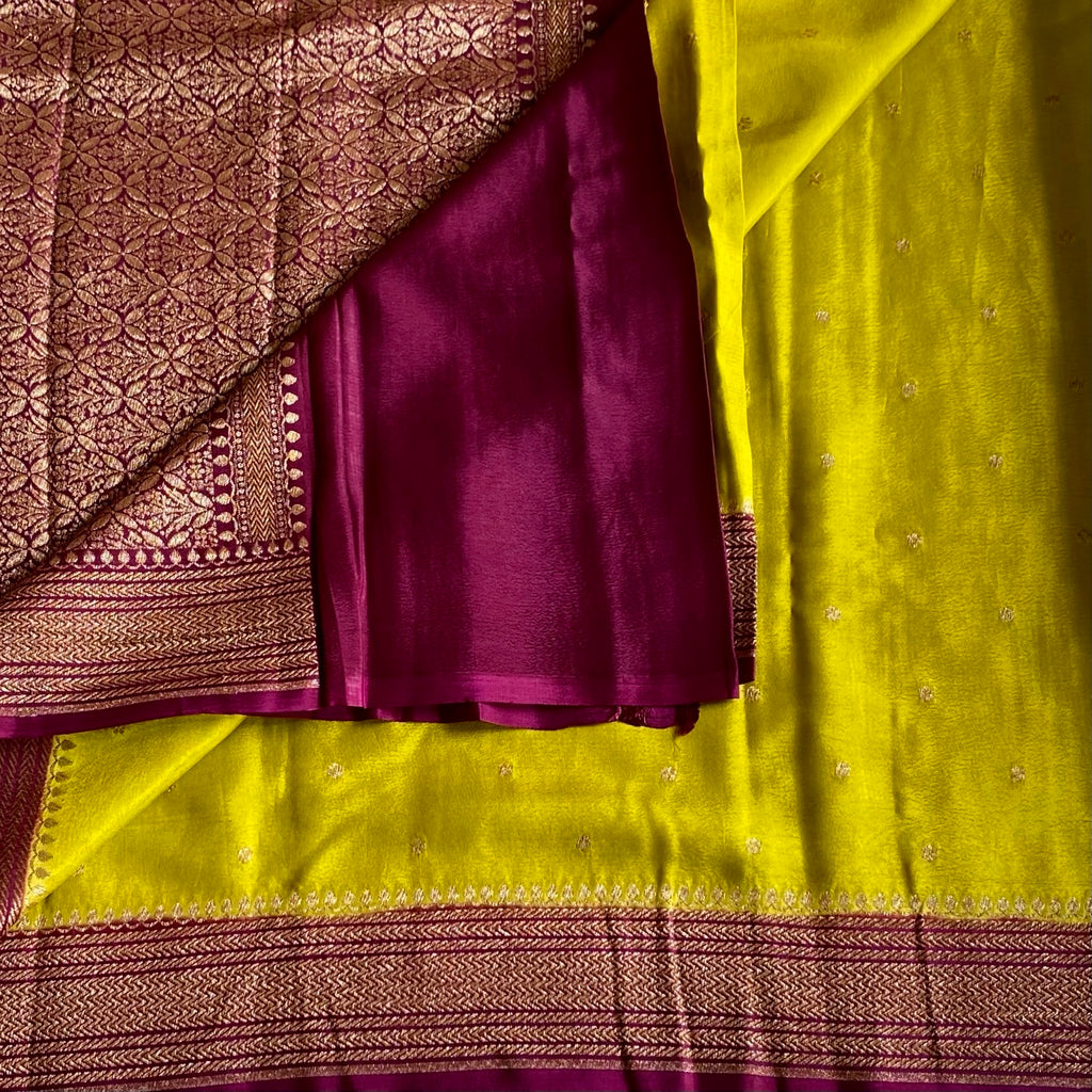 Lime Green Banarasi Crepe Silk Saree With Deep Magenta Wine Pallu And Gold Brocade