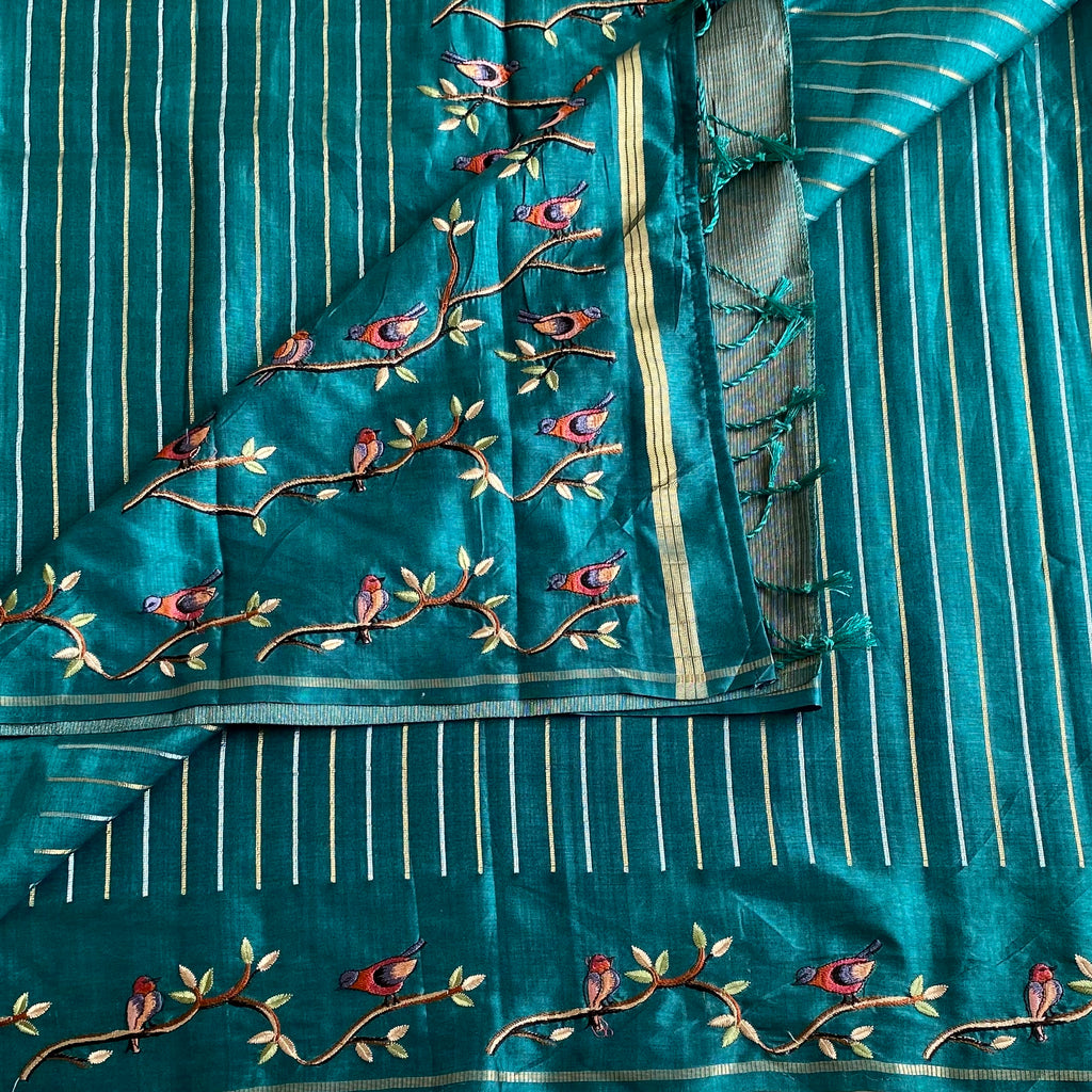 Teal Green Soft Tussar With Stripes & Designer Embroidered Borders