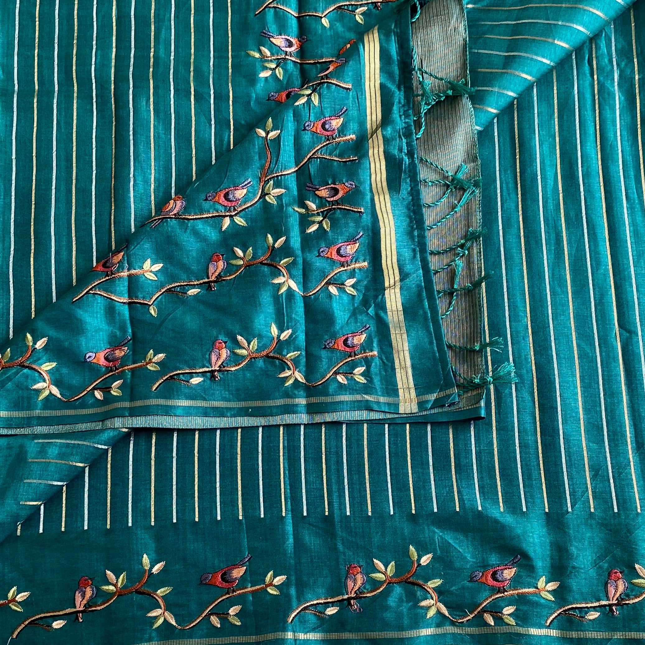 Teal Green Soft Tussar With Stripes & Designer Embroidered Borders