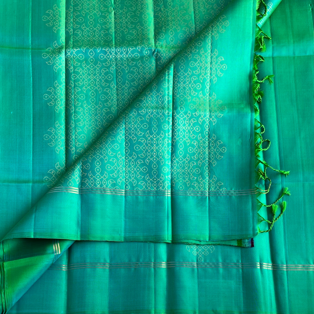 Sea Green Kollam Designer Pure Silk Saree With Antique Gold Pallu