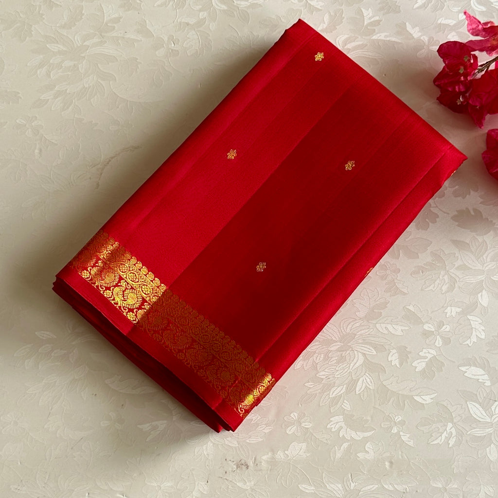 Ruby Red Kanjeevaram Pure Zari Silk Saree With Antique Gold Pallu