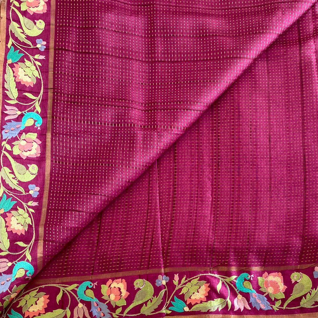 Deep Magenta Soft Tussar Silk Saree With Antique Gold Accents