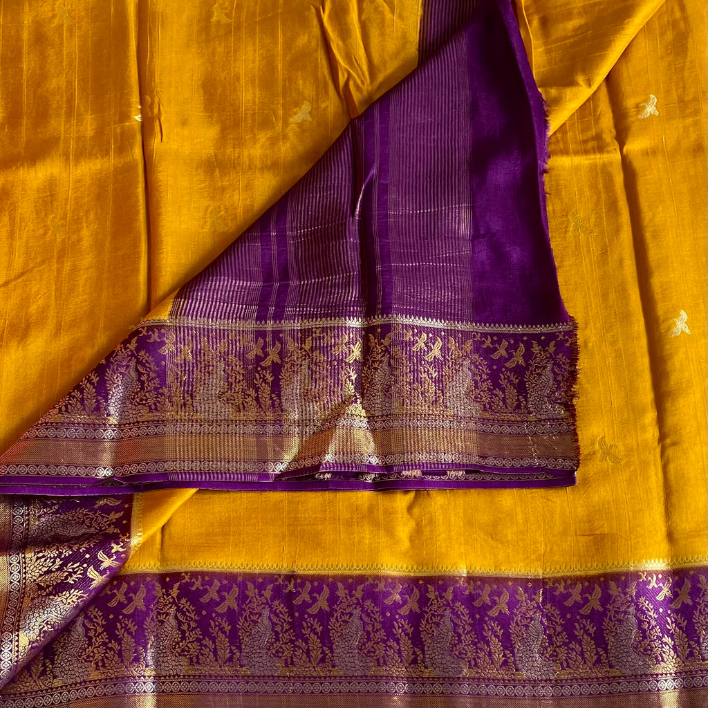 Sunflower Yellow Soft Tussar Silk Saree With Royal Purple Pallu