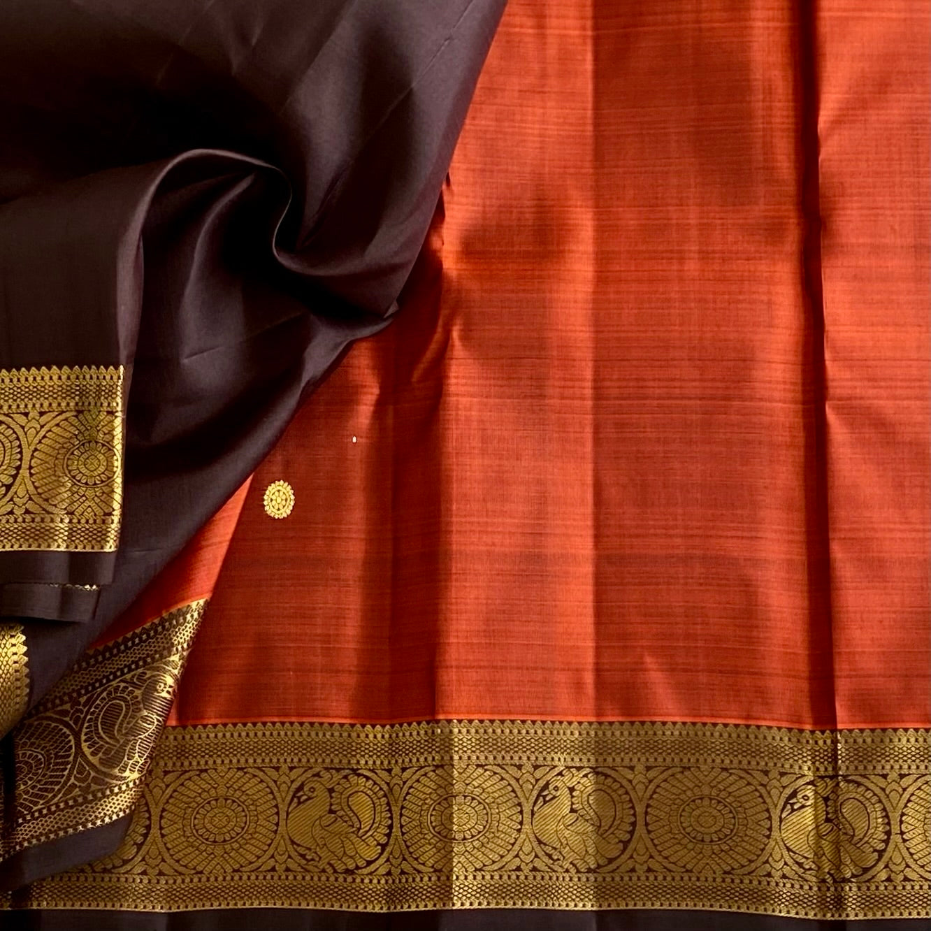 Classic Burnt Orange With Espresso Brown Pure Zari Kanjeevaram