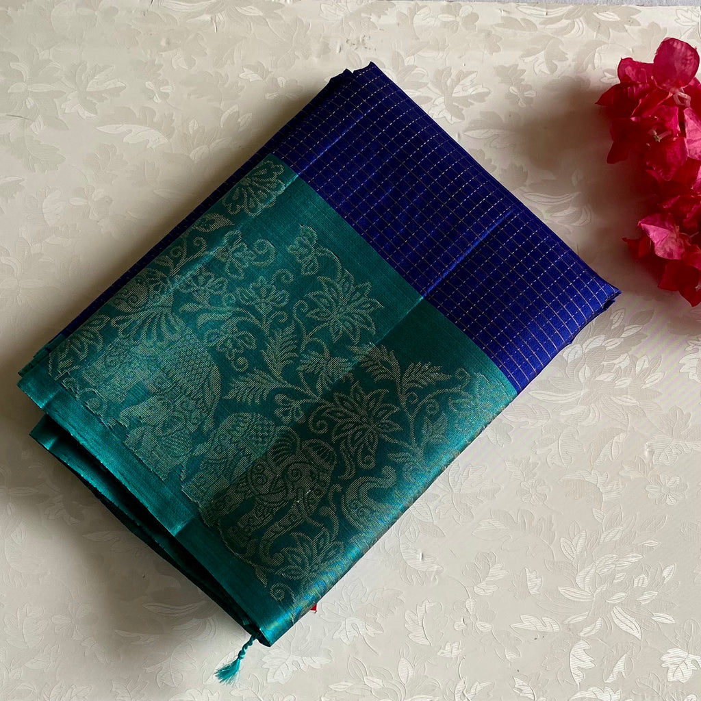 Teal Green Designer Pure Silk Saree With Royal Blue Panel