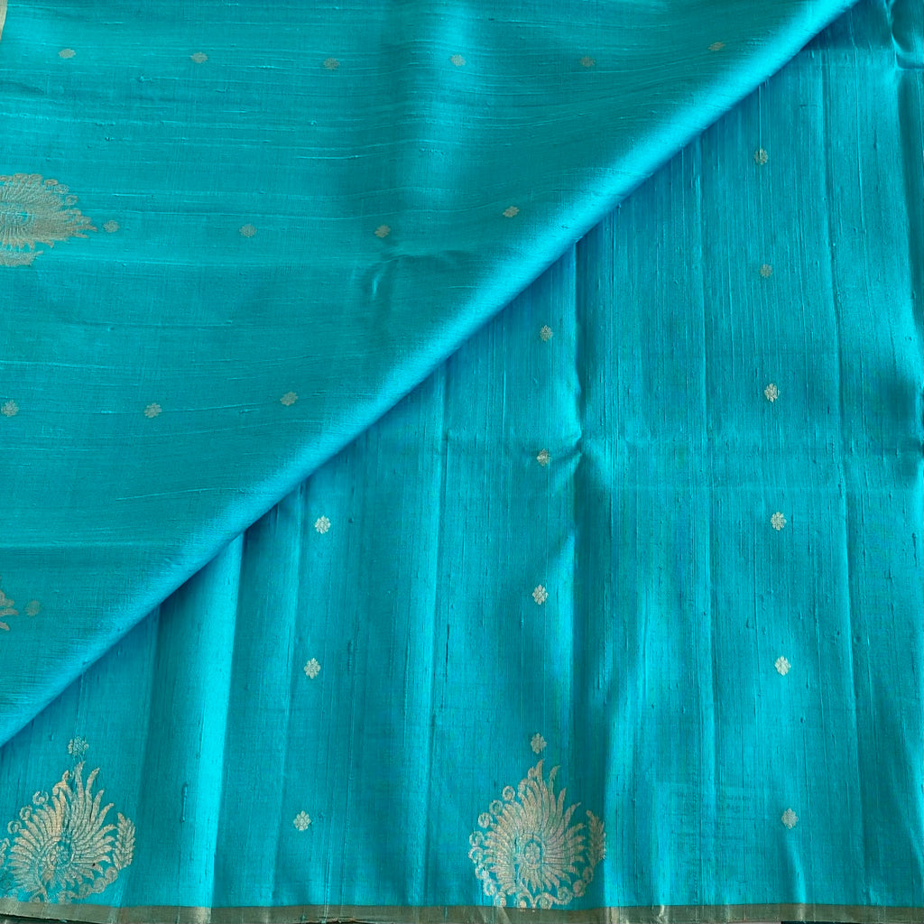 Dreamy Sea Blue Handwoven Pure Raw silk With Contrast Blouse
