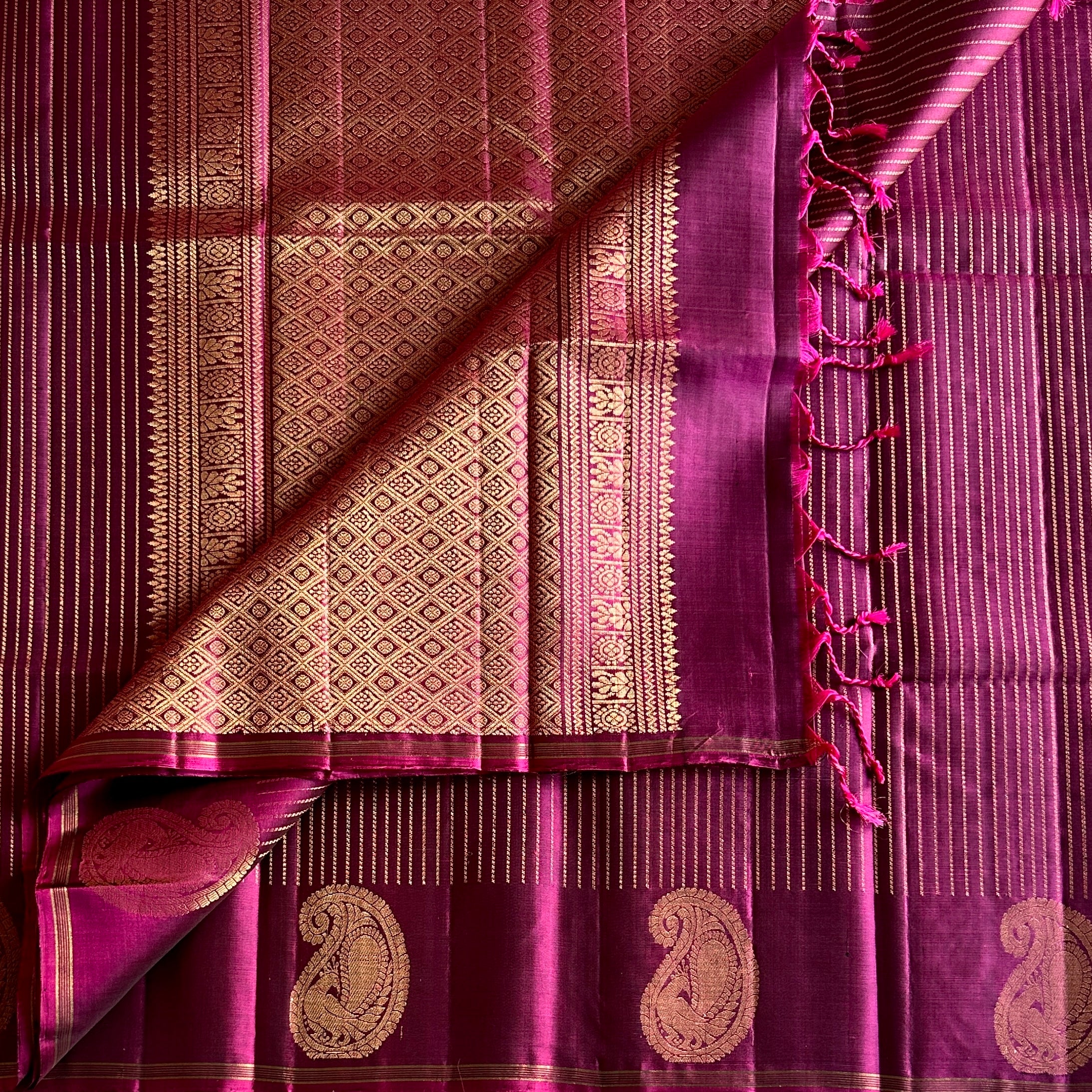 Magenta Silk Saree Antique Gold Zari Diamond Buta Paisley Border