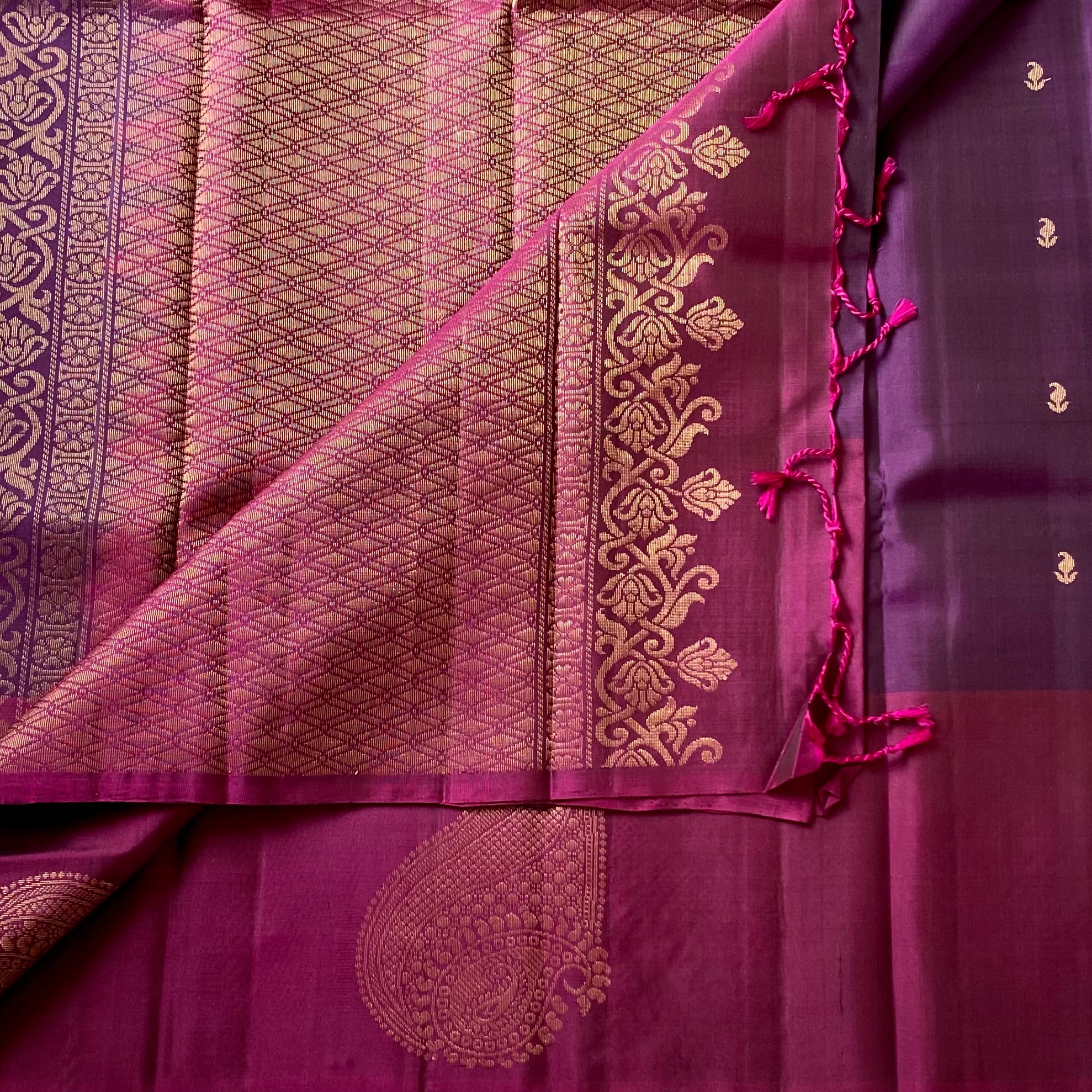 Traditional Plum Magenta Silk Saree Gold Zari Paisley Wedding Wear