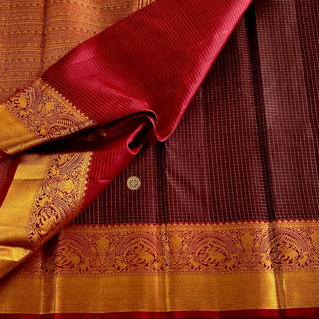 Espresso Coffee Maroon Kanjeevaram Pure Zari Silk Saree With Crimson Red Pallu
