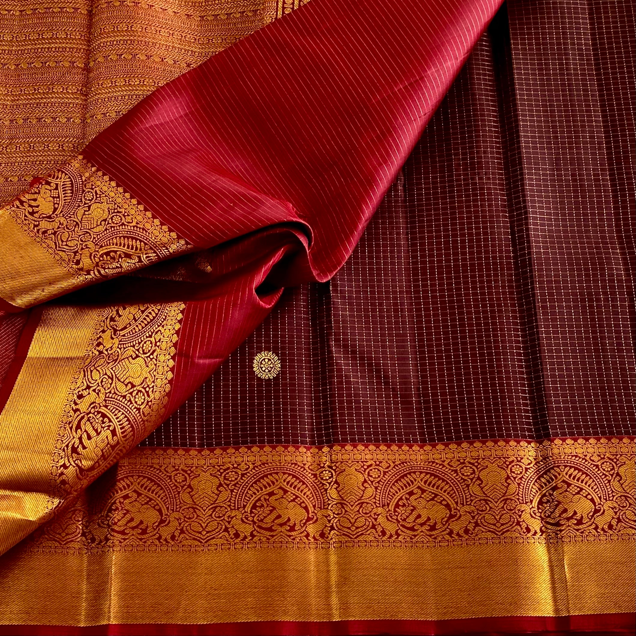 Espresso Coffee Maroon Kanjeevaram Pure Zari Silk Saree With Crimson Red Pallu