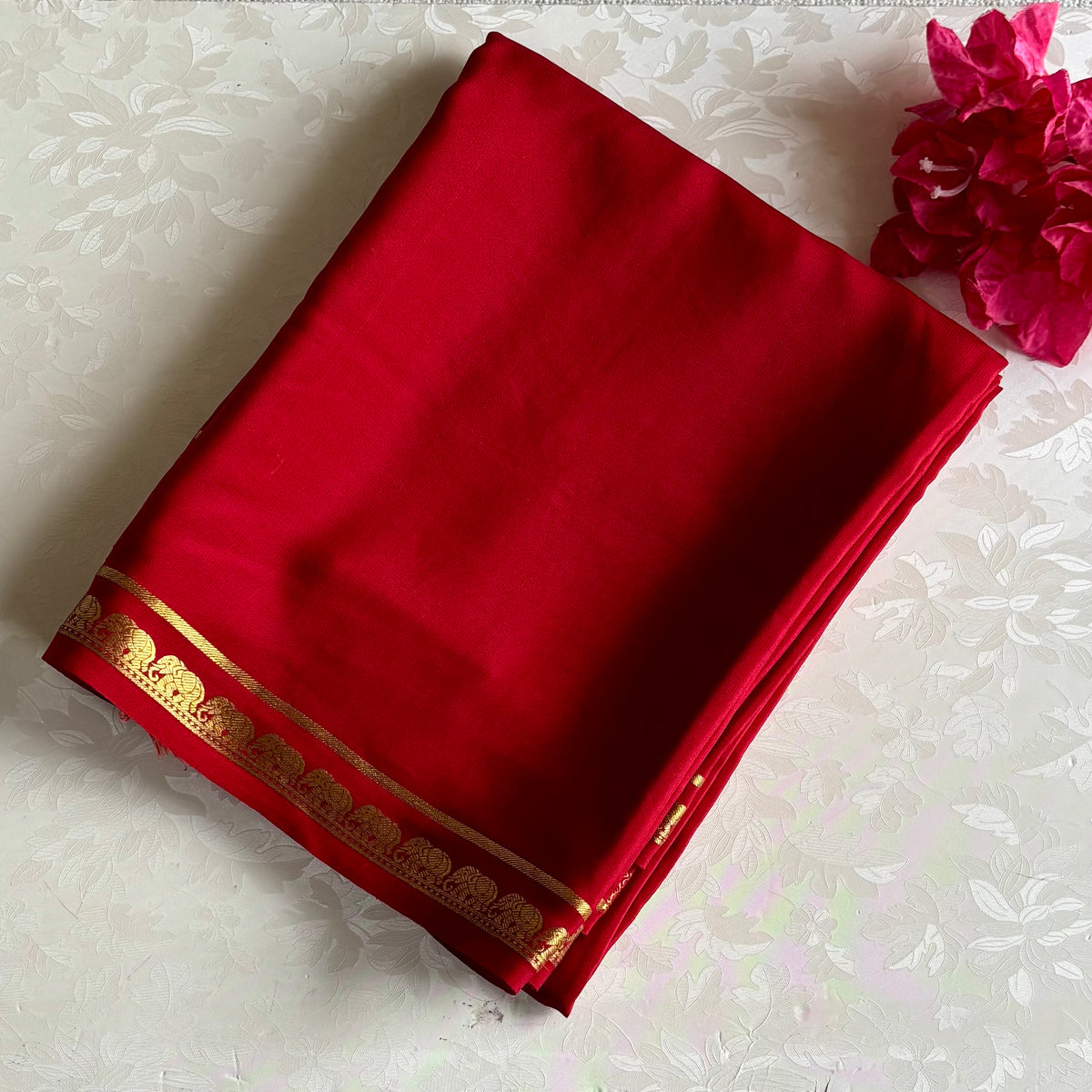 Crimson Red Mysore Crepe Silk Saree With Metallic Gold Stripes