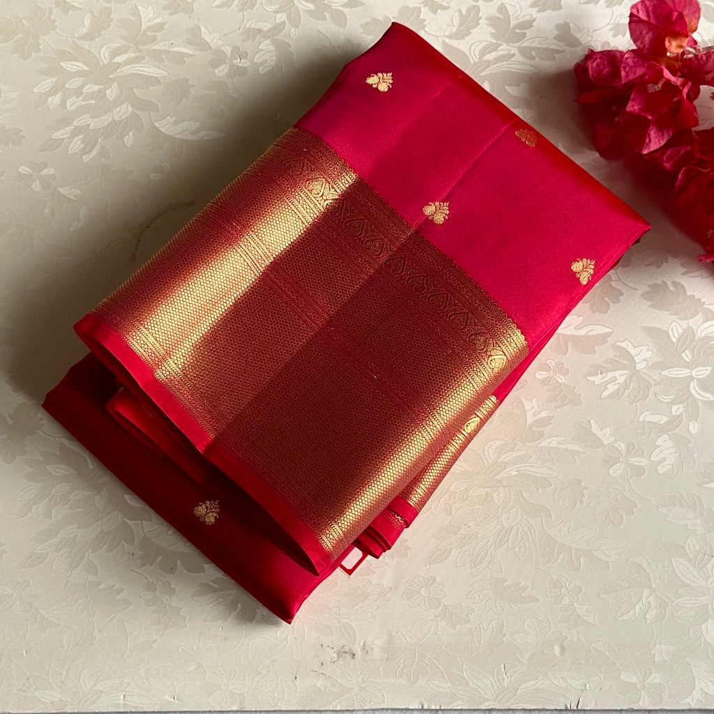 Ruby Red Designer Pure Silk Saree With Rani Pink Pallu Gold Border