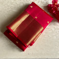 Ruby Red Designer Pure Silk Saree With Rani Pink Pallu Gold Border