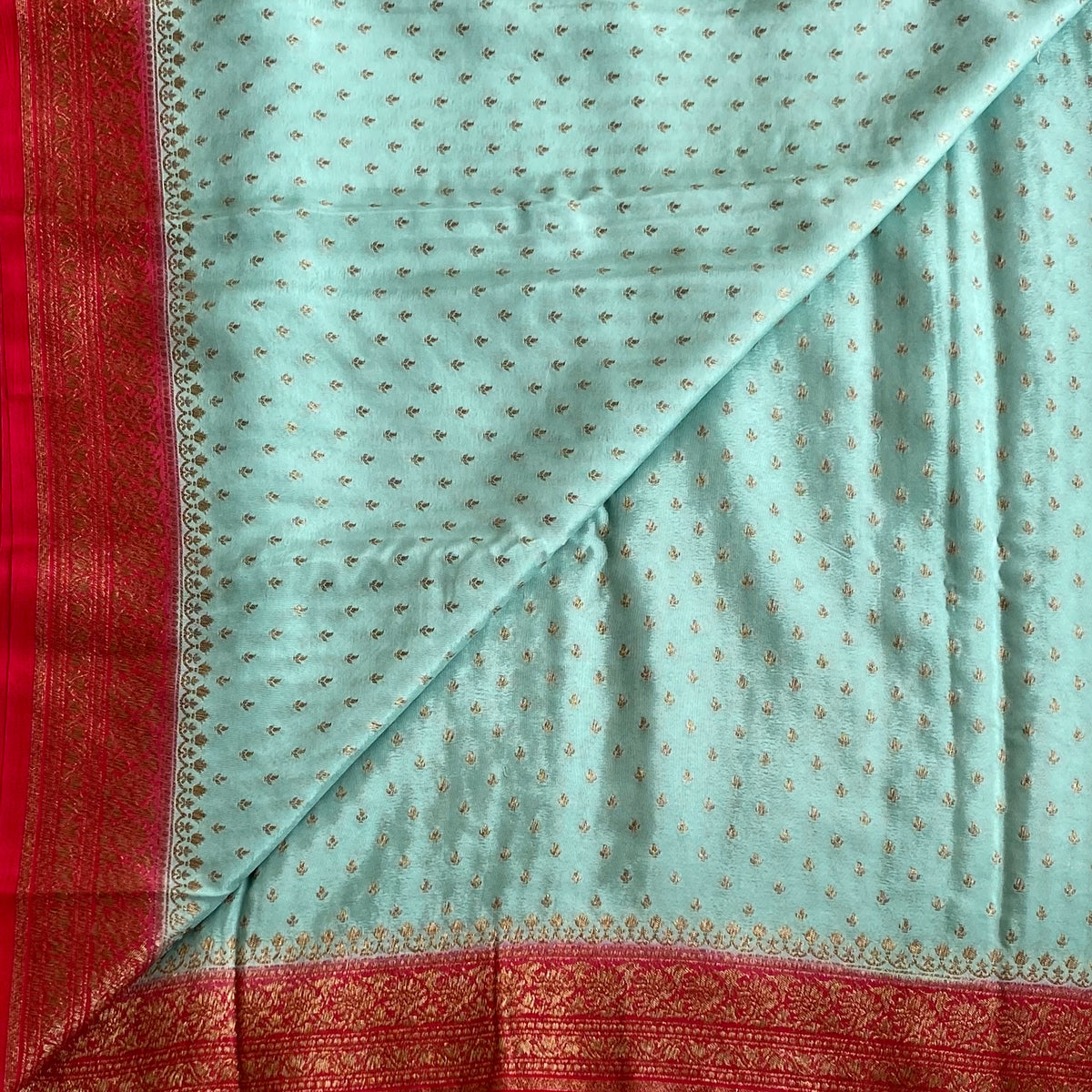 Seafoam Green Banarasi Crepe Silk Saree With Ruby Red Pallu