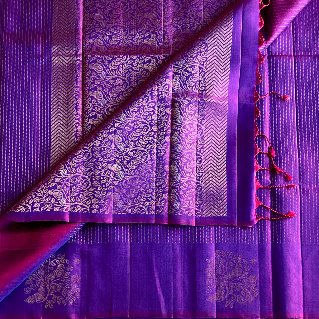 Royal Purple Silk Saree Gold Jacquard Bird Floral Chevron Border