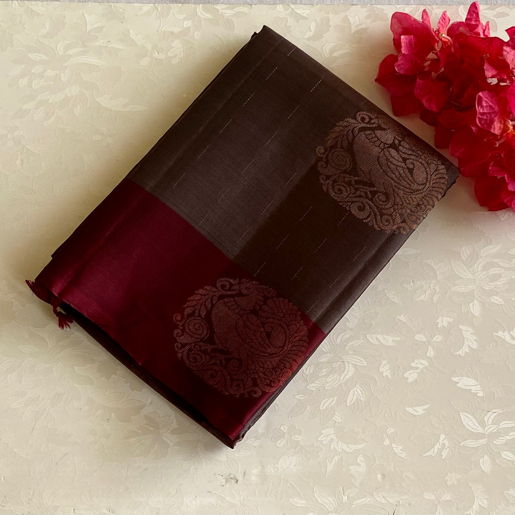 Slate Gray Designer Pure Silk Saree With Burgundy Maroon Pallu