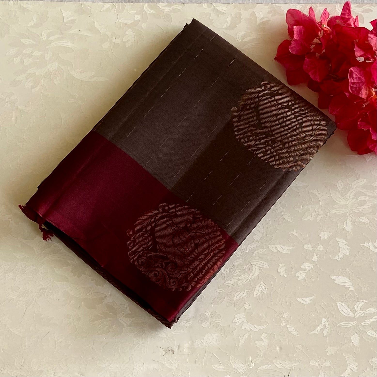 Slate Gray Designer Pure Silk Saree With Burgundy Maroon Pallu