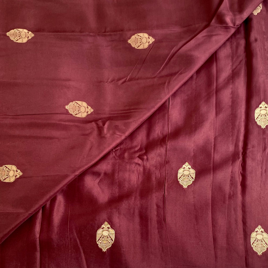 Plum Brown Soft Crepe Silk Saree With Antique Gold Pallu And Lime Blouse