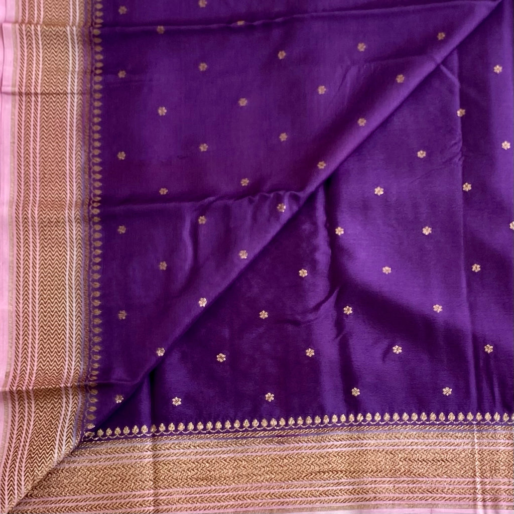 Banarasi Crepe Silk Royal Purple With Blush Pink Pallu And Gold Zari