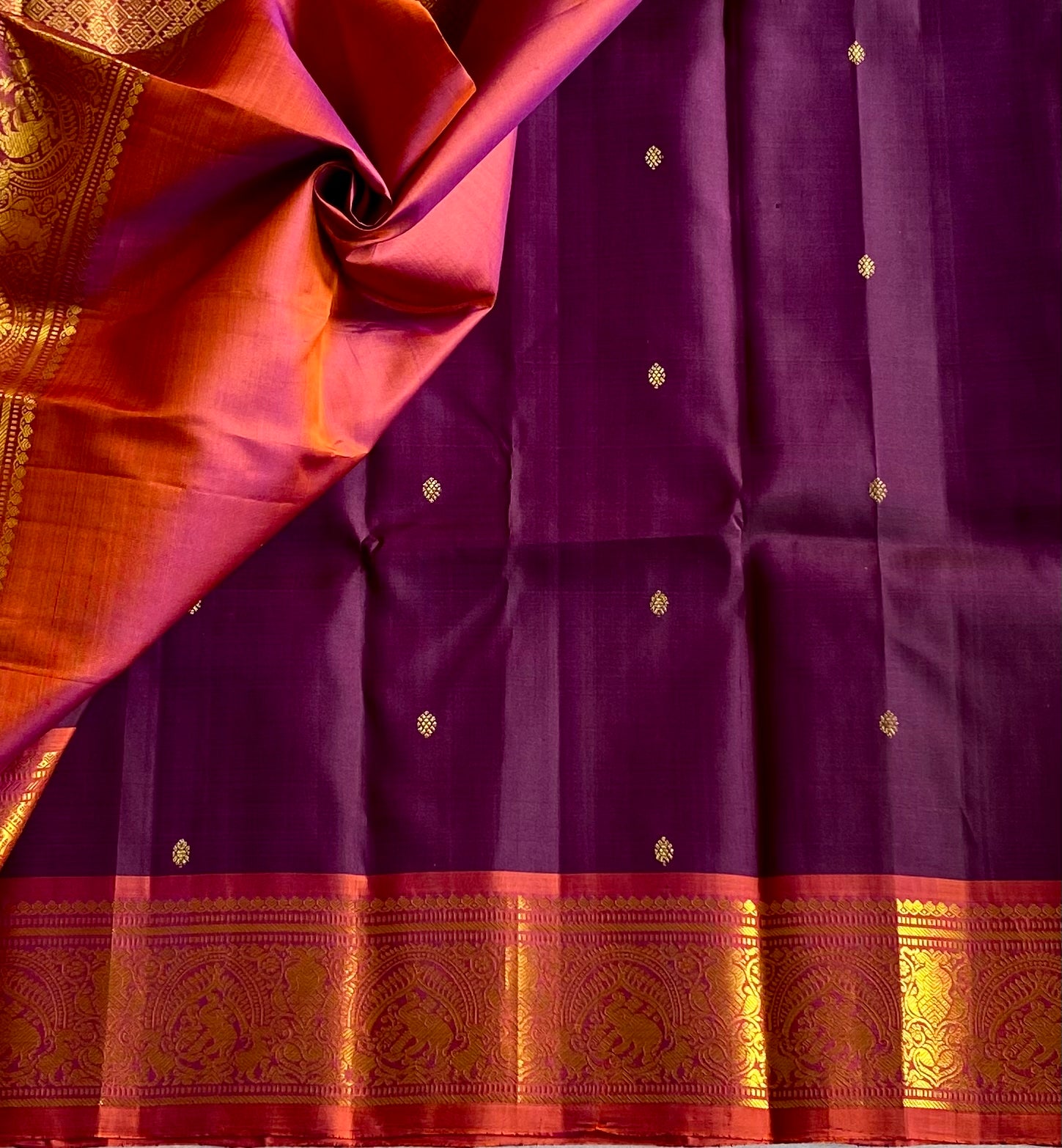 Deep Plum Saffron Orange Silk Saree with Gold Brocade Border