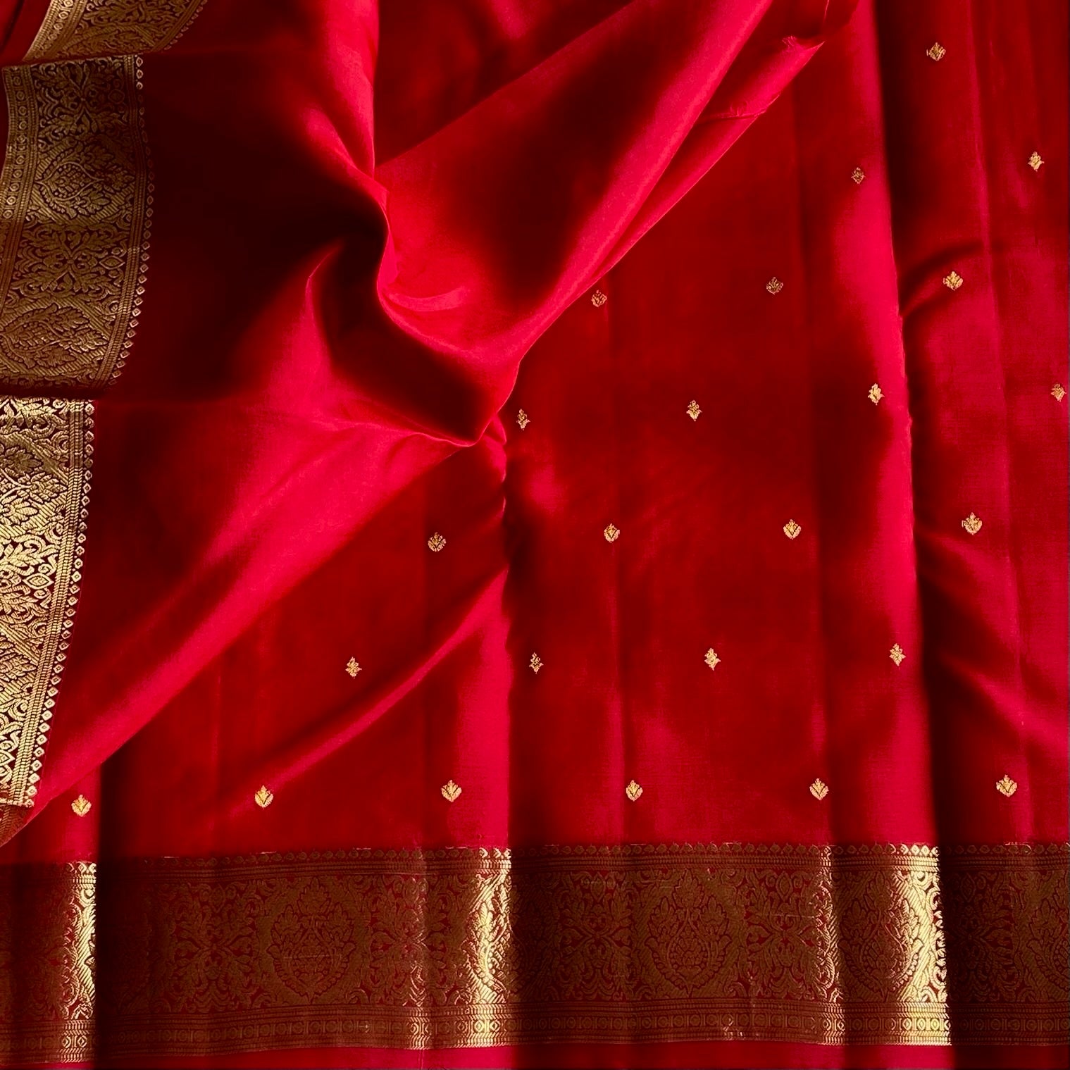 Crimson Red Designer Pure Silk Saree With Antique Gold Brocade