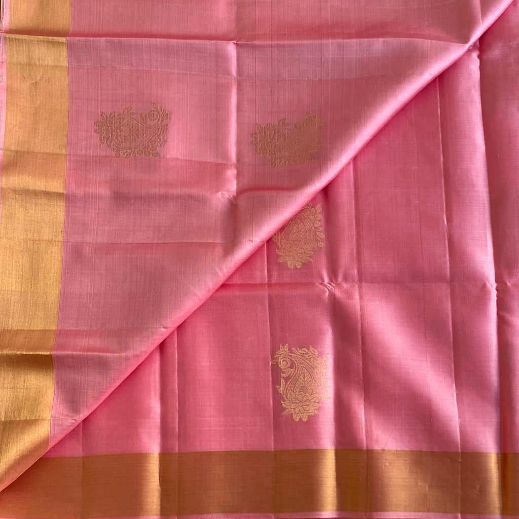 Dreamy Baby Pink Designer Pure Silk Saree With Antique Gold Pallu And Tassels