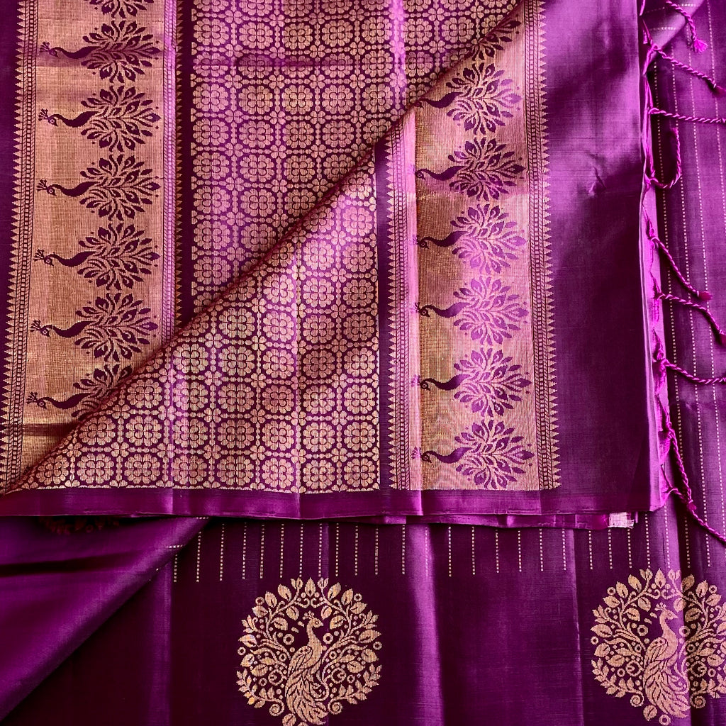 Royal Purple Designer Pure Silk Saree With Antique Gold Zari Stripes