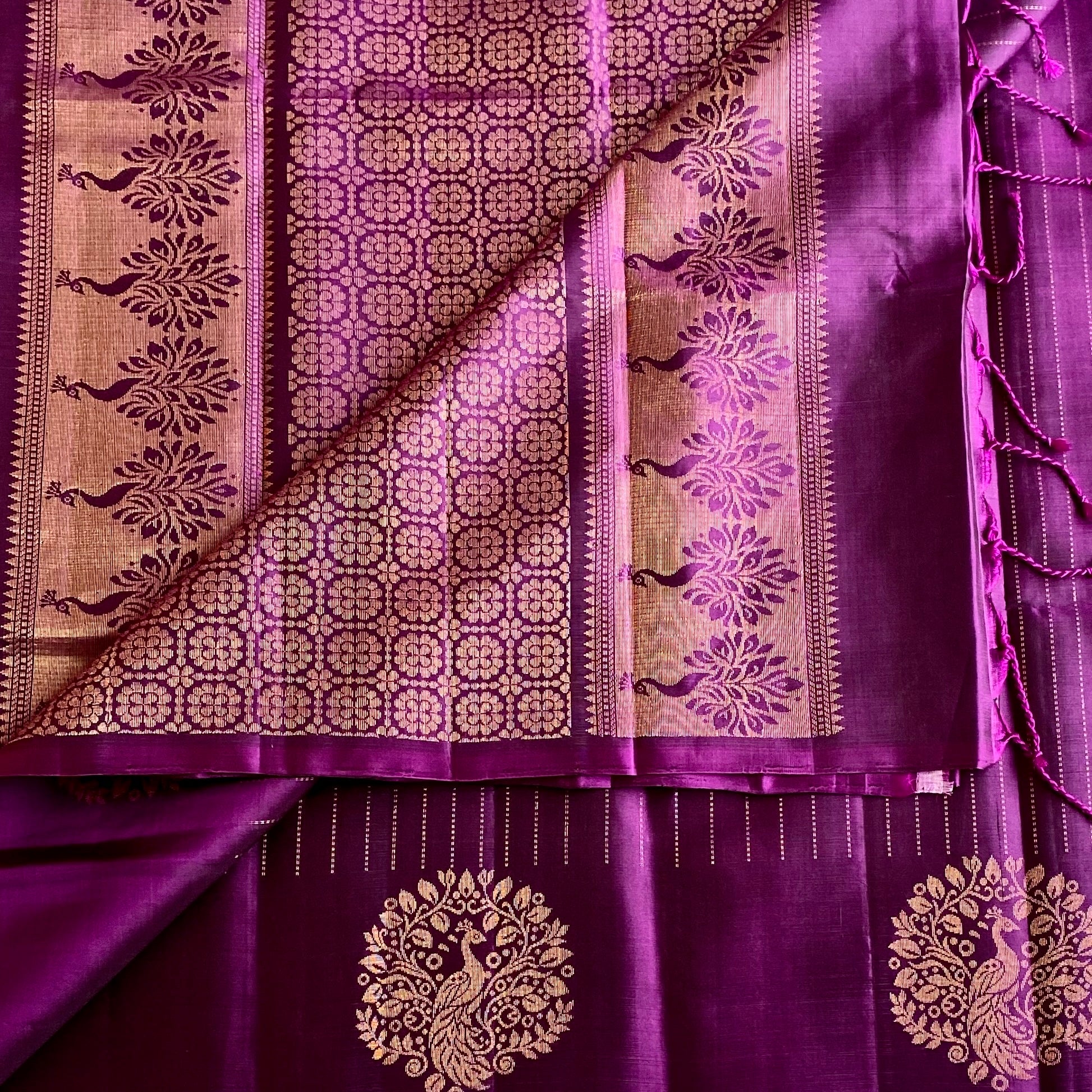 Royal Purple Designer Pure Silk Saree With Antique Gold Zari Stripes
