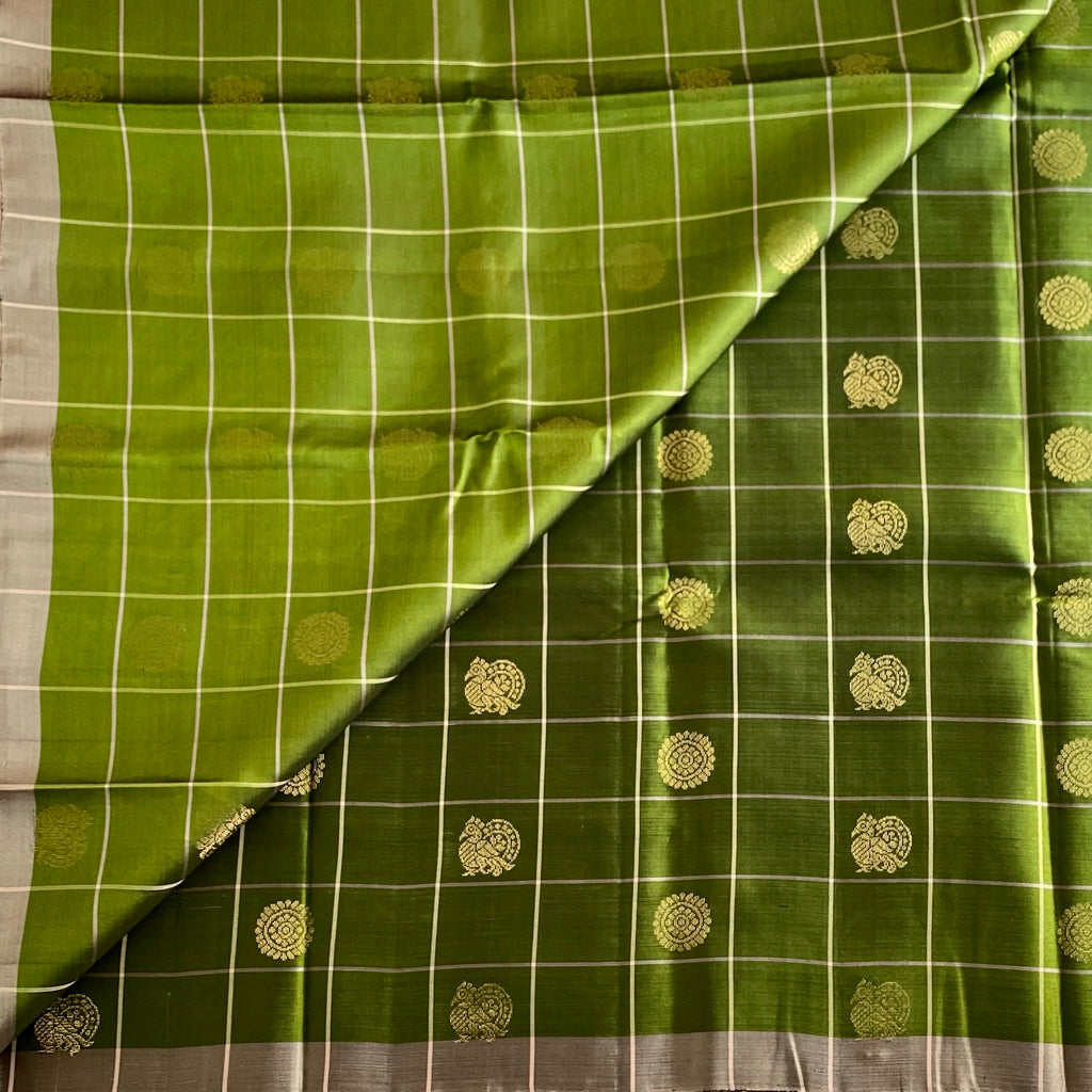 Olive Green Designer Pure Silk Saree With Champagne BeigePallu
