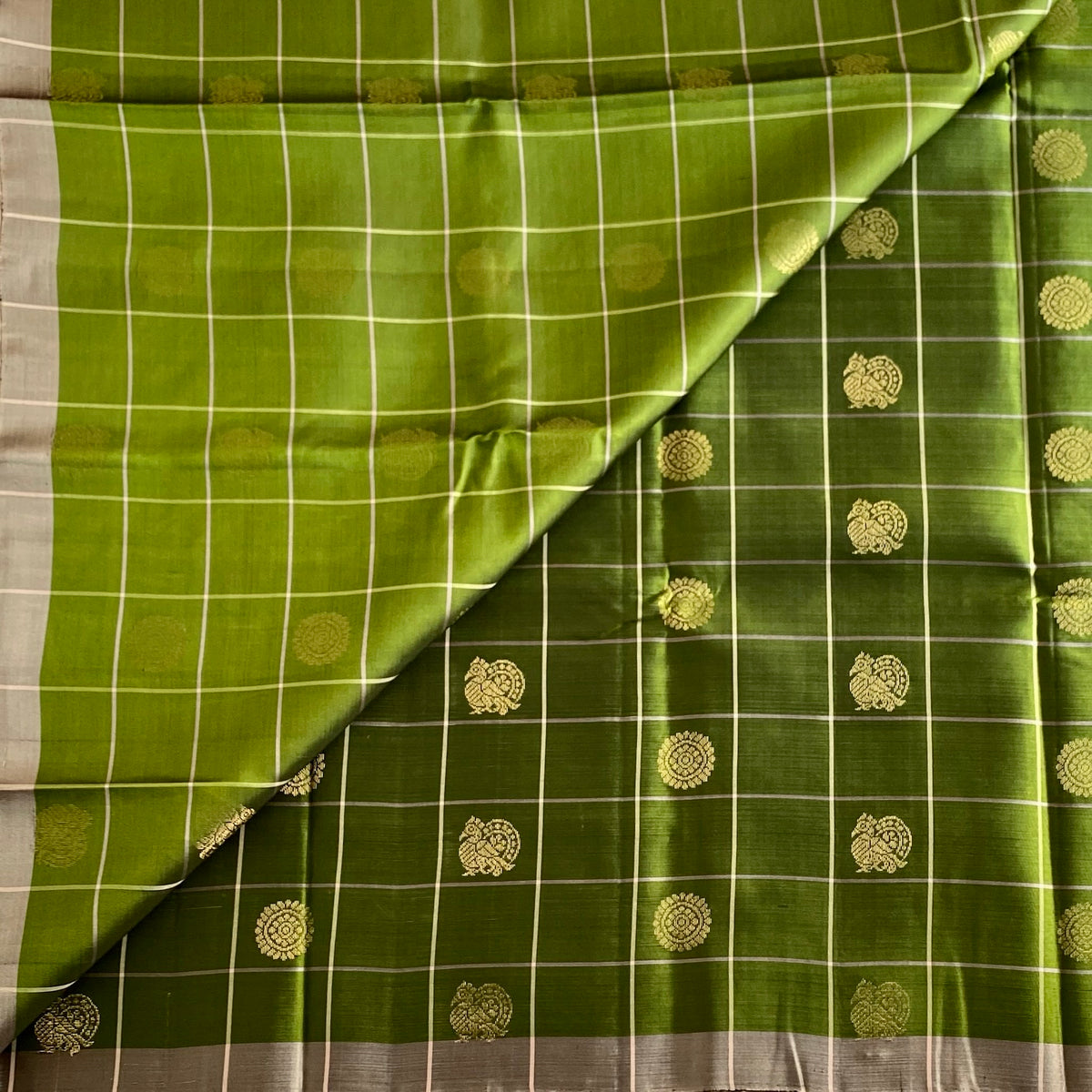 Olive Green Designer Pure Silk Saree With Champagne BeigePallu